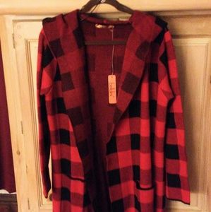 BELLDINI BUFFALO CHECK LONG HOODED CARDIGAN